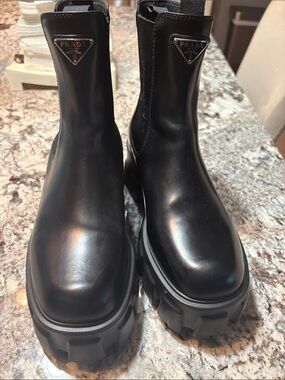 Prada Black Leather Lug Platform Ankle Boots